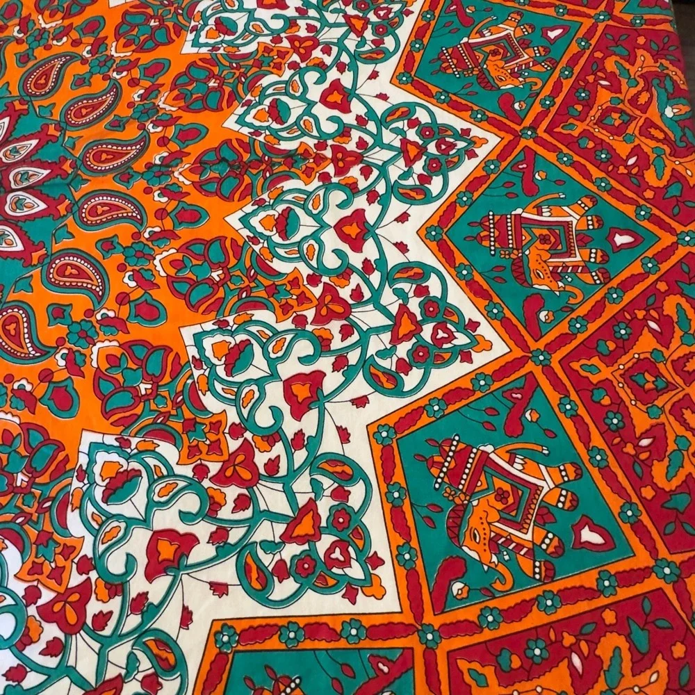 Indian Mandala Tapestry Orange Teal Elephant Paisley Vintage 82x92 Oblong Decor
